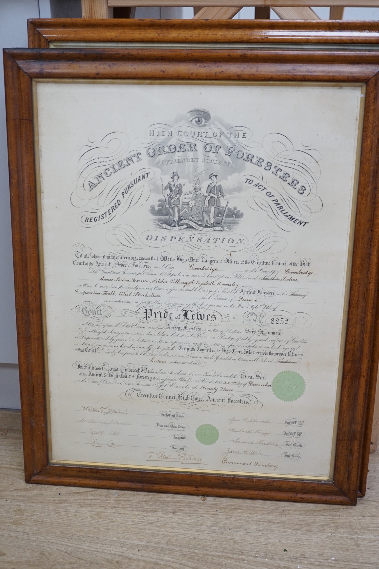 Ancient Order of Foresters. Lewes dispensation and a Victorian coloured engraving, both bird's-eye maple frames, and two framed Beatles records